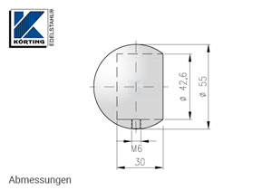 Abmessungen Rohrabschlusskugel mit Sicherungsstift M6 zum Aufstecken, für Edelstahlrohr 42,4 mm, Werkstoff 1.4301, Oberfläche fein gedreht