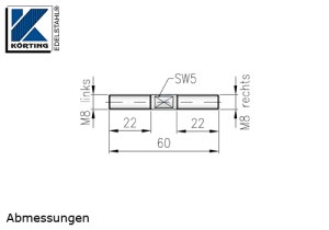 Seilspanner aus Edelstahl mit AußengewindeM8 rechts und Außengewinde M8 links - Abmessungen