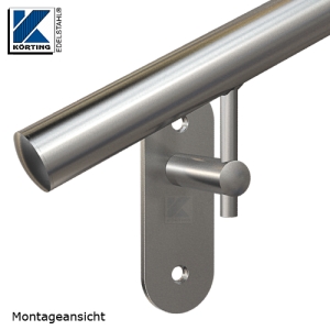 Handlaufhalter für Handlauf aus Edelstahl, D25 mit Handlaufaufträger Rd14 und langer Wandplatte - Montageansicht Handlaufhalter für Handlauf aus Edelstahl, D25 mit Handlaufaufträger Rd14 und langer Wandplatte - Montageansicht