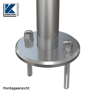 Montageansicht Edelstahl Ronde 125x10 mm mit 45° - Fase, zum rückseitigen Verschweißen von Rohr 42,4 mm mit 3 Langlöchern Montage mit Gewindestangen M10 und Hutmuttern