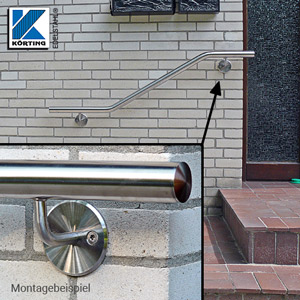 Handlaufhalter gebogen, zum Anschschweißen, Ronde mit Fase und überdrehter Oberfläche am gebogenen Handlaufträger verschraubt - Montagebeispiel Handlaufhalter gebogen, zum Anschschweißen, Ronde mit Fase und überdrehter Oberfläche am gebogenen Handlaufträger verschraubt - Montagebeispiel