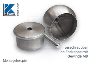 Rohrabchlusskugel ø55 mm - Montage mit Gewindestift M8x50 mm an Endkappe mit IG-M8 Rohrabchlusskugel ø55 mm - Montage mit Gewindestift M8x50 mm an Endkappe mit IG-M8